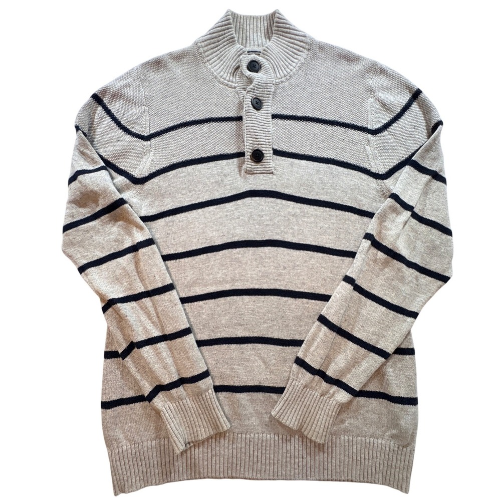 Fat Face Striped Sweater Mens Large Grey Cotton Button Mock Neck Pullover